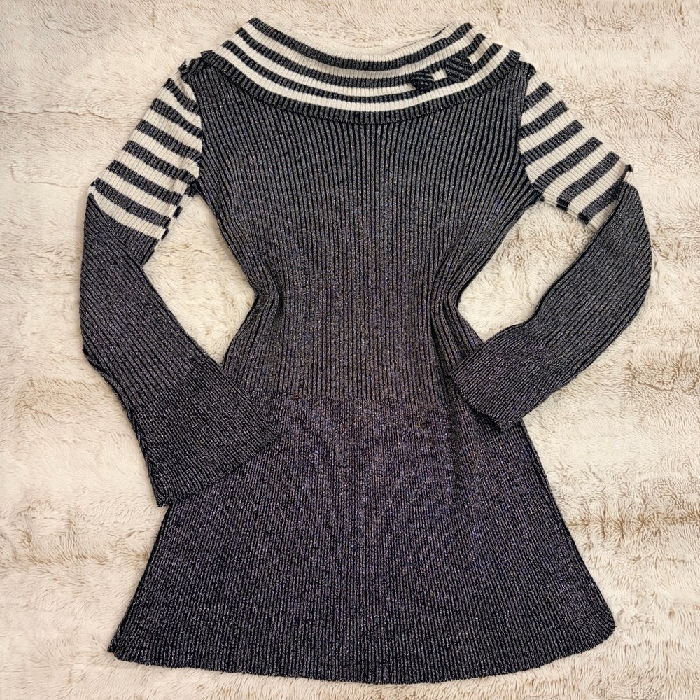 ✨💎 RARE Y2K Vintage Sparkly Off-Shoulder Sweater Mini Dress Flare Sleeves 🖤